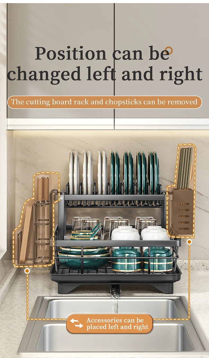 2-Tier Dishes Dryer Rack Metal Black Dish Drainer Large Kitchen Organizers and Storage Rack with Drainboard and Cutlery Holder