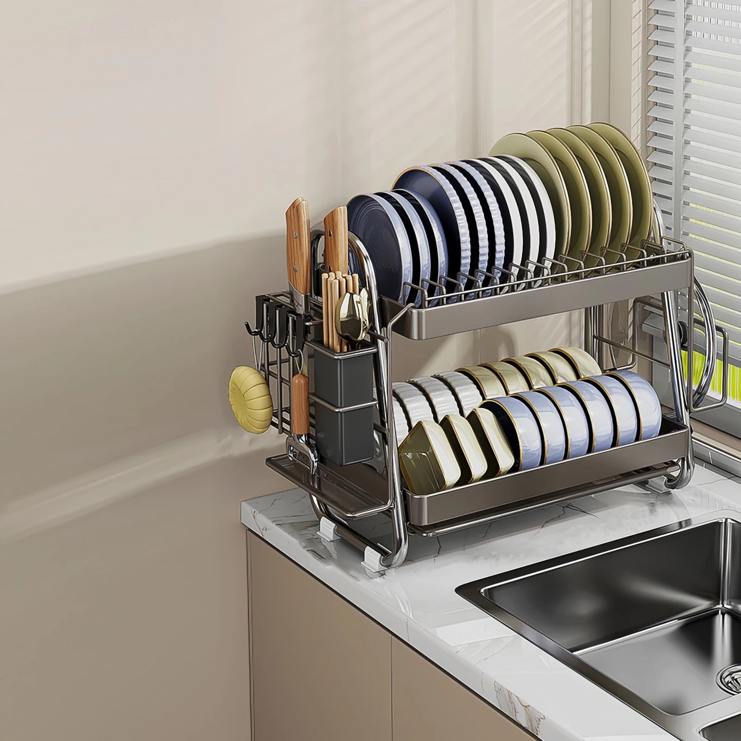Dish rack, Stainless steel dish drainer, Multi-functional 2-tier dish drying rack with draining tray, utensil holder, hooks