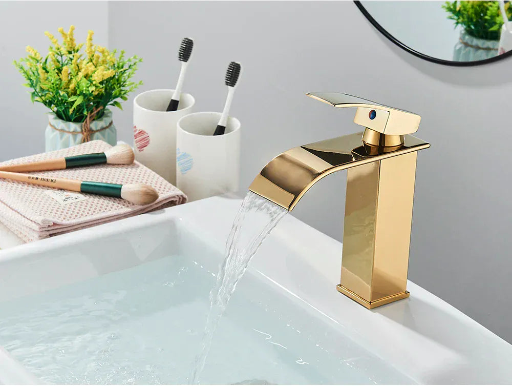 Brushed Golden Basin Faucets Elegant Waterfall Bathroom Sink Faucet Single Lever Hole Deck Mount Brass  Mixer Taps