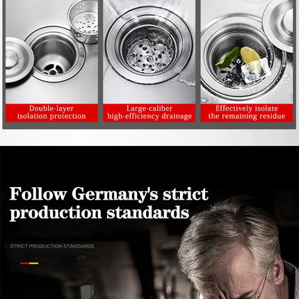 Évier de cuisine rectangulaire DQOK en acier inoxydable avec bac à vaisselle, panier d'égouttage et tuyau de vidange.