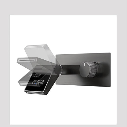 Robinet de salle de bain mural de luxe en laiton gris anthracite avec affichage numérique LED. Robinet de salle de bain monocommande avec eau chaude et froide intégrée.