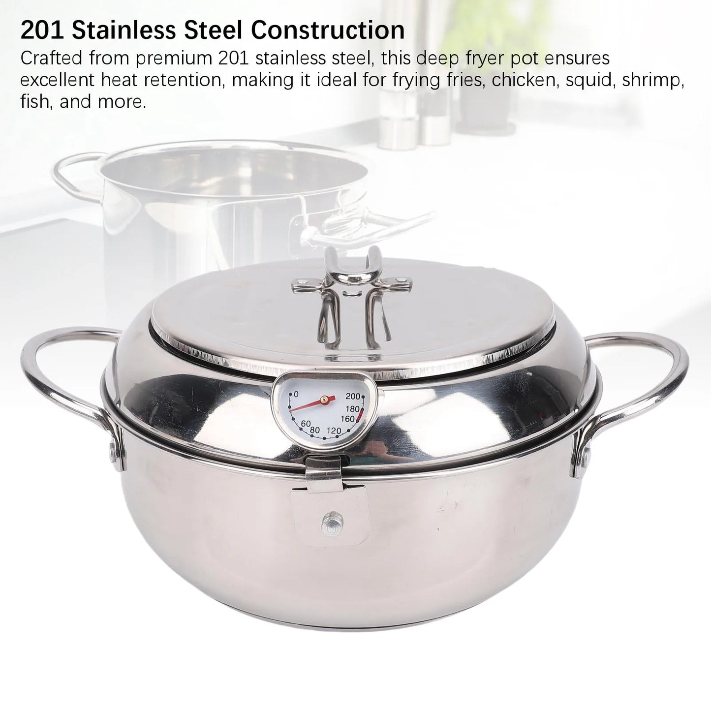 Deep Fryer Pot 201 Stainless Steel 2.2L Japanese Frying Pot with Oil Drain Temperature Control and Lid for Kitchen Stove