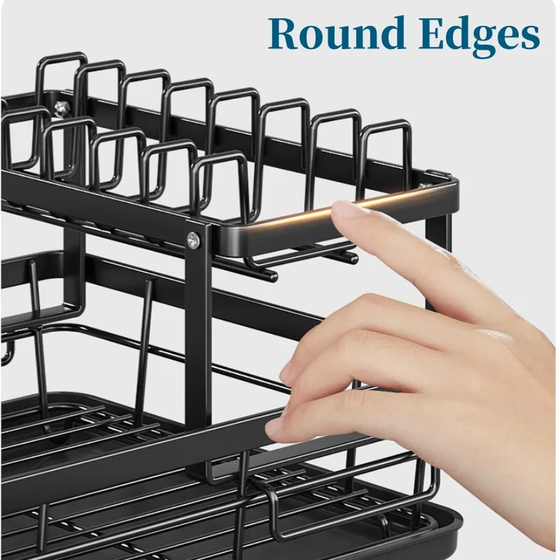 2-Tier Dishes Dryer Rack Metal Black Dish Drainer Large Kitchen Organizers and Storage Rack with Drainboard and Cutlery Holder