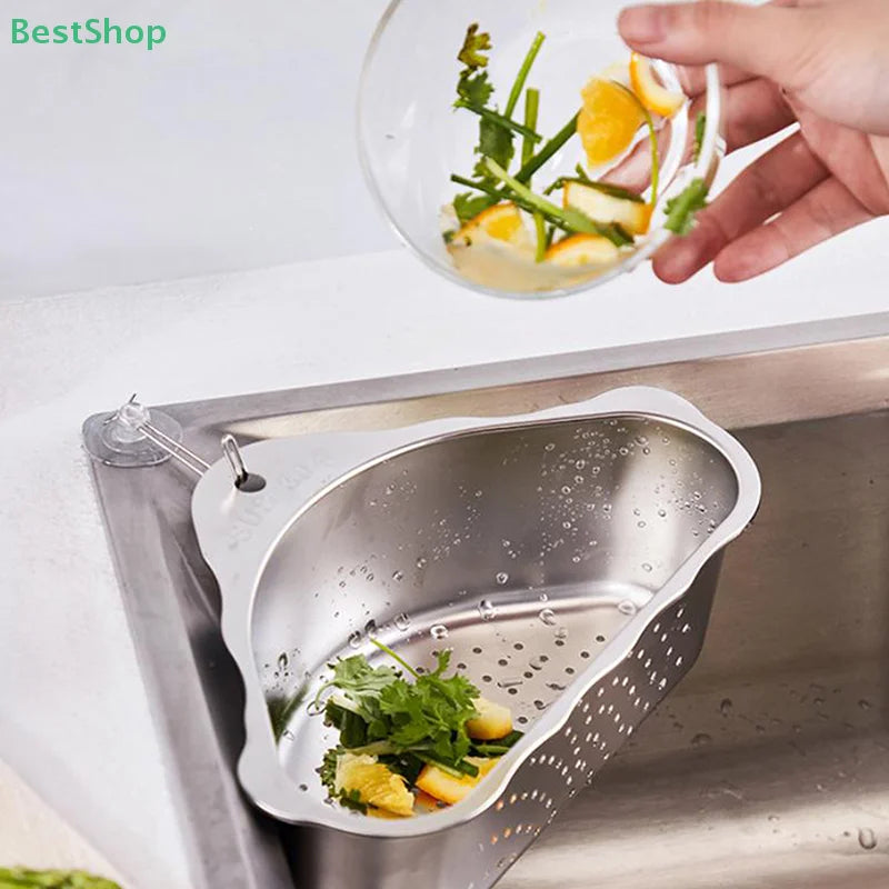 💕Stainless Steel Kitchen Sink Triangular Drainer Basket, Vegetable Washing Basin Water Filter Storage Rack