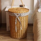 Large diameter 38cm outer height 50cm / Covered honey-colored basket with diamond-shaped lining