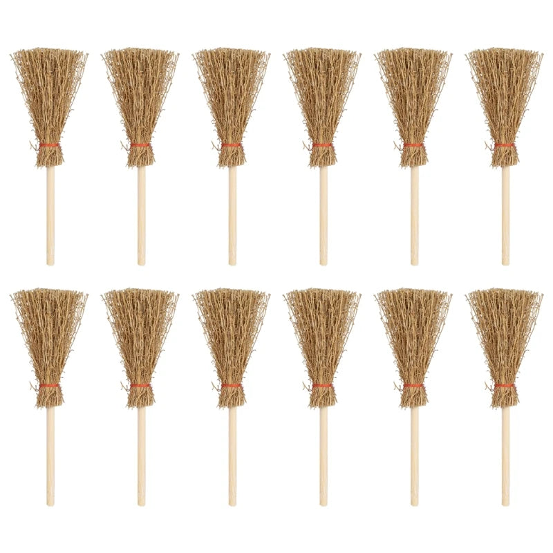 6/12 Pcs Mini Broom Witch Straw Brooms DIY Hanging Ornaments for Halloween Party Decoration Costume Props Dollhouse Accessories