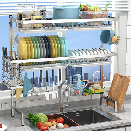Égouttoir de cuisine en acier inoxydable 304 avec porte-assiettes de rangement multifonction pour évier de cuisine à poser sur le plan de travail