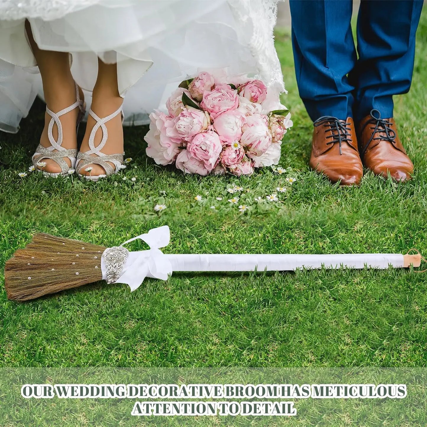 Wedding Brooms Whisk Brooms DIY Bridegroom Jump Broom with White Ribbons Artificial Pearl for African American Wedding Ceremony
