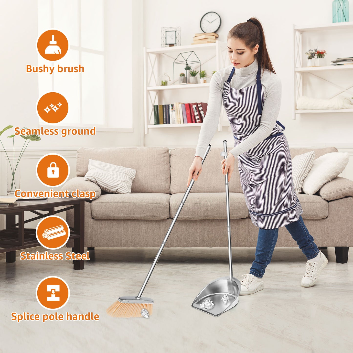 Broom and Dustpan Set Long Handle Upright Stainless Steel Dustpan Broom Set Portable Household Cleaning Tools for Home Office