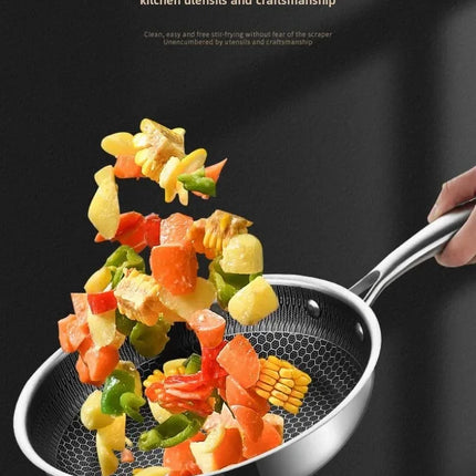 Poêle à frire en acier inoxydable antiadhésif, sans revêtement alvéolé, pour la cuisson des crêpes et autres préparations culinaires (gaz, induction, etc.).