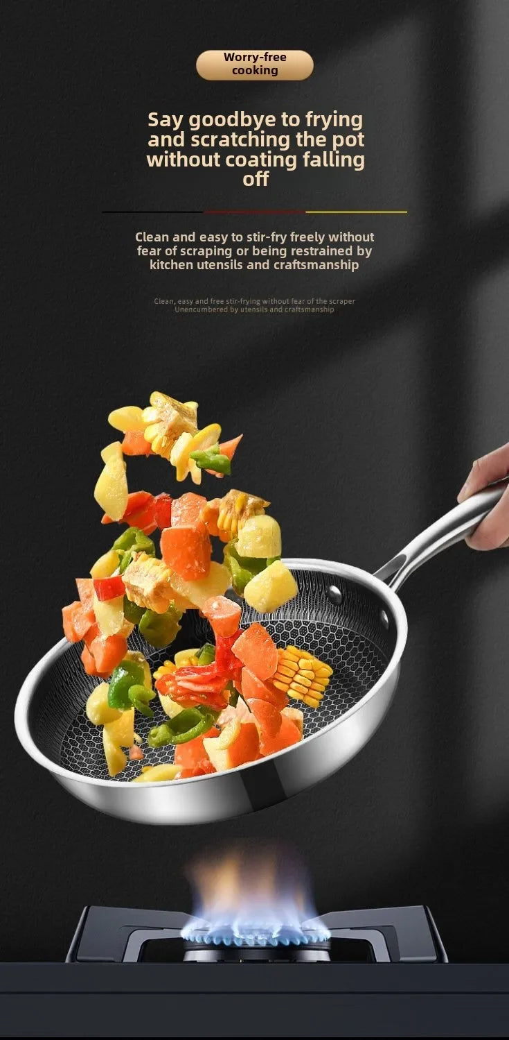 Frying Pan Stainless Steel Non-stick Household Frying Pancakes Uncoated Honeycomb Open Flame Gas Induction Cooker Pan Universal