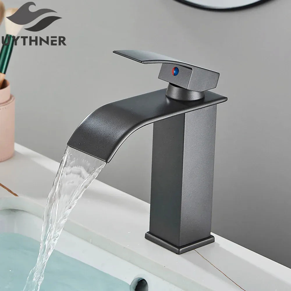 Brushed Golden Basin Faucets Elegant Waterfall Bathroom Sink Faucet Single Lever Hole Deck Mount Brass  Mixer Taps