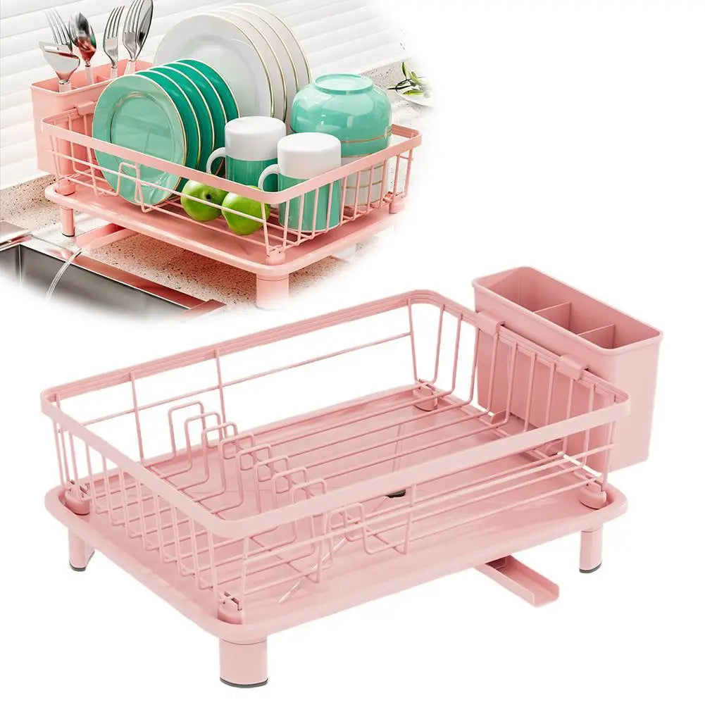 Pink Drain Rack Large Dish Drying Rack For Kitchen Counter With Drainboard, Rustproof Dish Drainer Space-Saving Dish Rack