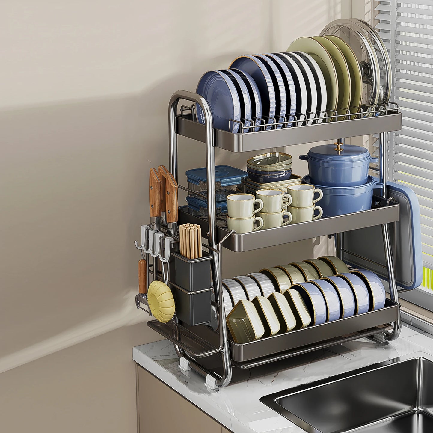 Dish rack, Stainless steel dish drainer, Multi-functional 2-tier dish drying rack with draining tray, utensil holder, hooks