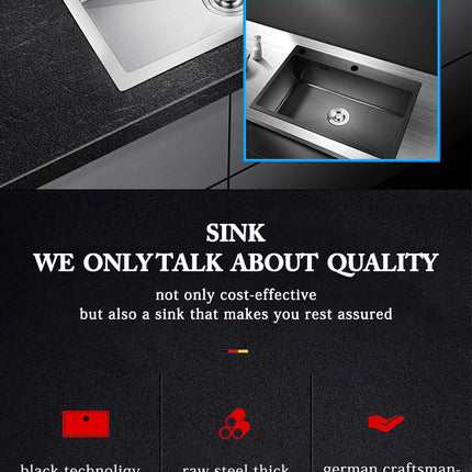 Évier de cuisine rectangulaire DQOK en acier inoxydable avec bac à vaisselle, panier d'égouttage et tuyau de vidange.