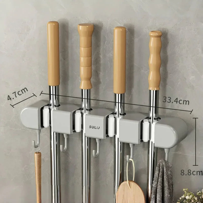 Broom Mop Holder with Hooks Wall Mounted Broom Storage Rack No Drilling Self-Adhesive Kitchens Organizer Multifunction Holder