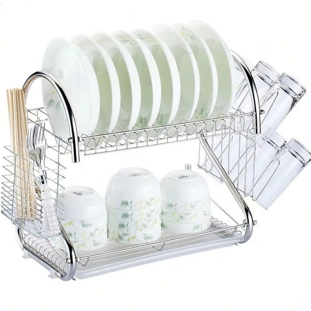Kitchen Cutlery Organizer 2 Tier S-Shaped Dish Drainer Stable Space-saving Tableware Holder Shelf Metal Cup Drainer Chopsticks