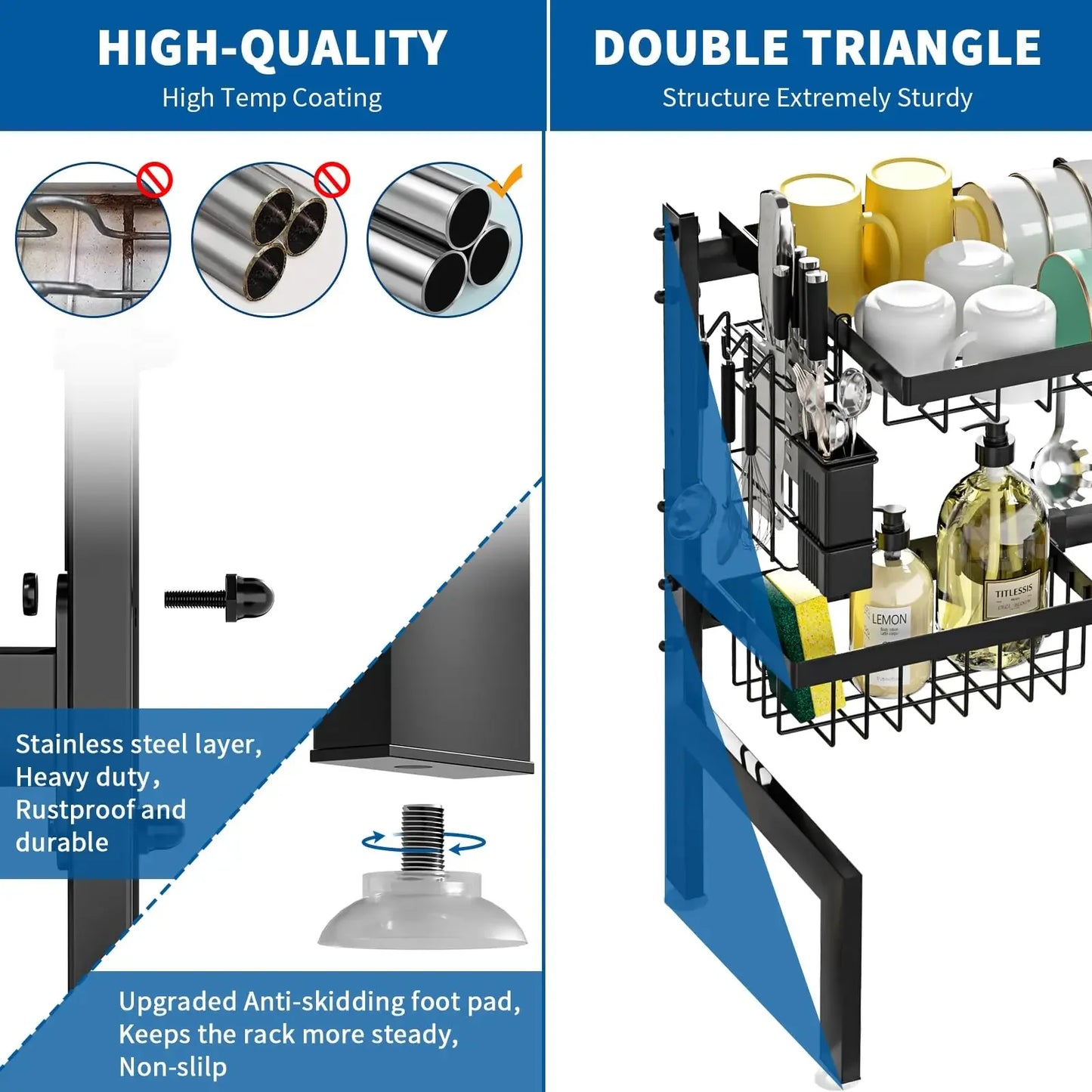 Over The Sink Dish Drying Rack,Expandable 2-Tier Stainless Steel Over The Sink Dish Rack with Utensil Holder Dish Drainers