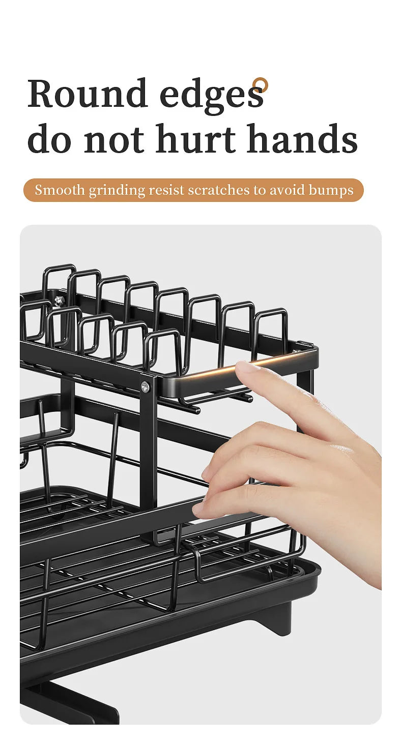 2-Tier Dishes Dryer Rack Metal Black Dish Drainer Large Kitchen Organizers and Storage Rack with Drainboard and Cutlery Holder