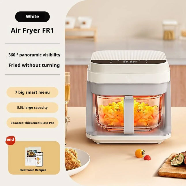 Friteuse à air chaud 1200 W avec panier en verre transparent - Four multifonction sans retournement, poignée isolante, 8 modes de cuisson, usage domestique