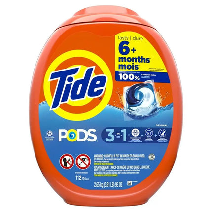 Tide Pods Laundry Detergent Packs Original 112 Count Powerful 3-in-1 Cleaning Stain Fighting Fresh Scent Cold Water Compatible.
