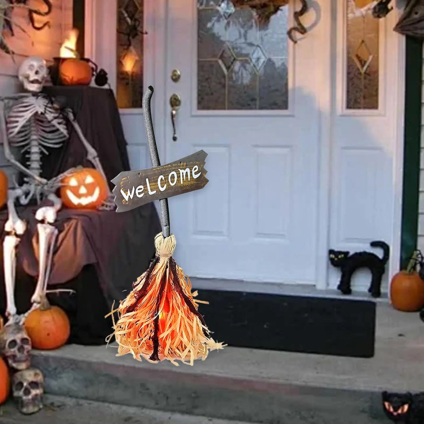 Movable Witch Broom with Music and Lights Prop Figurine DIY Supplies Dancing Broom for Living Room Porch Office Party Outdoor