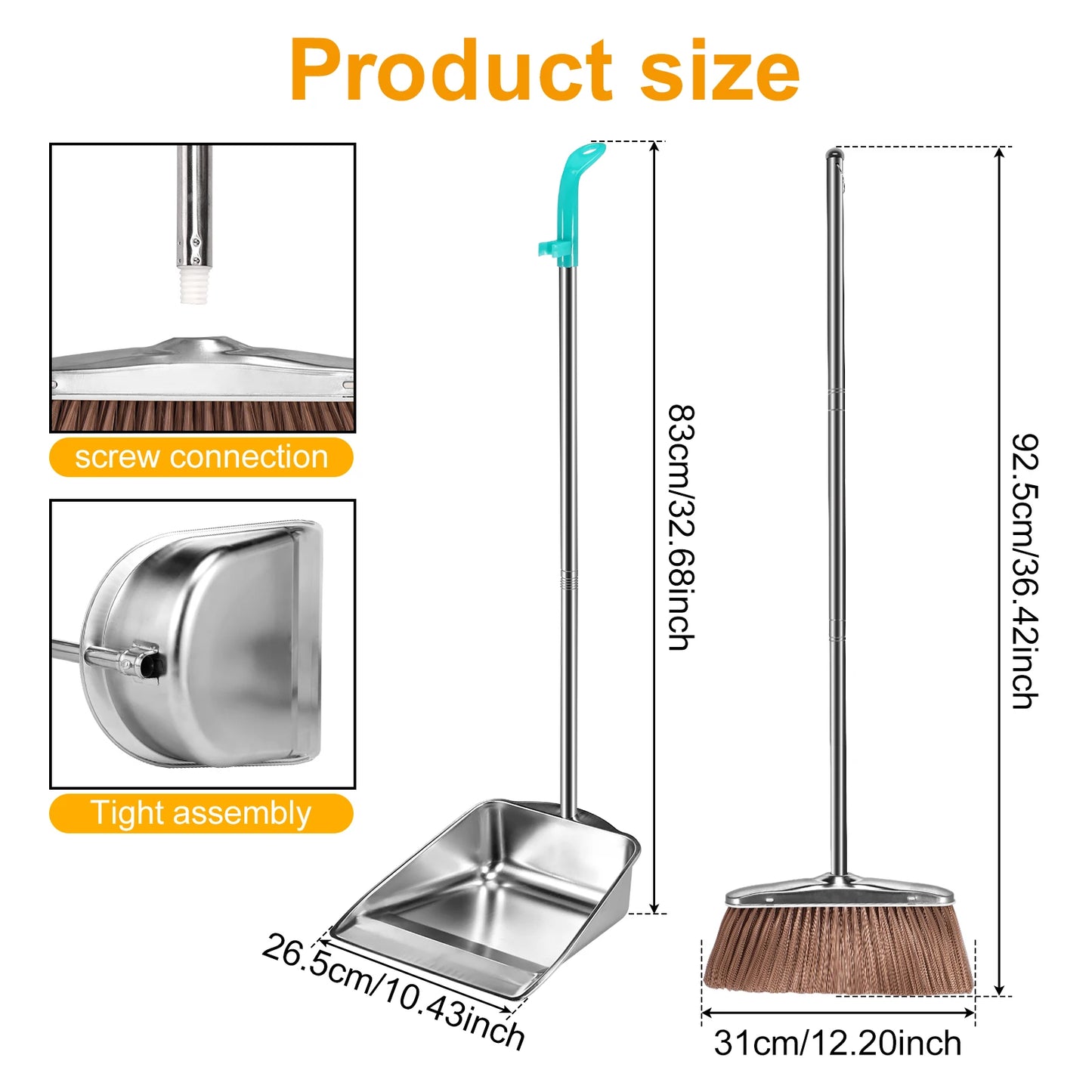 Broom and Dustpan Set Long Handle Upright Stainless Steel Dustpan Broom Set Portable Household Cleaning Tools for Home Office
