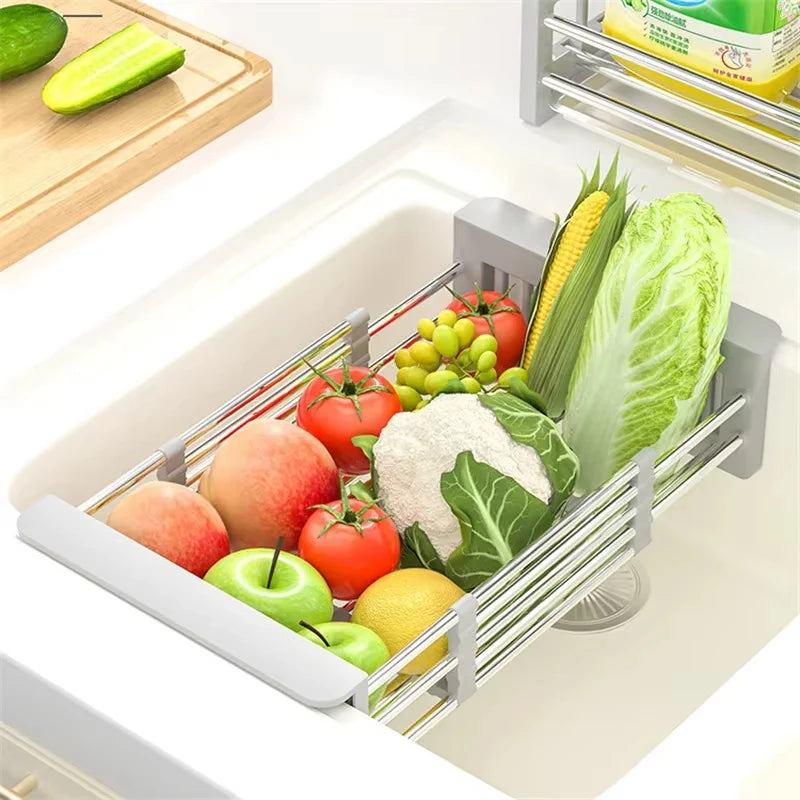 Kitchen Sink Drain Rack Stainless Steel Extendable Dish Drying Rack Drain basket Fruit Vegetable Washing Drainer Storage rack