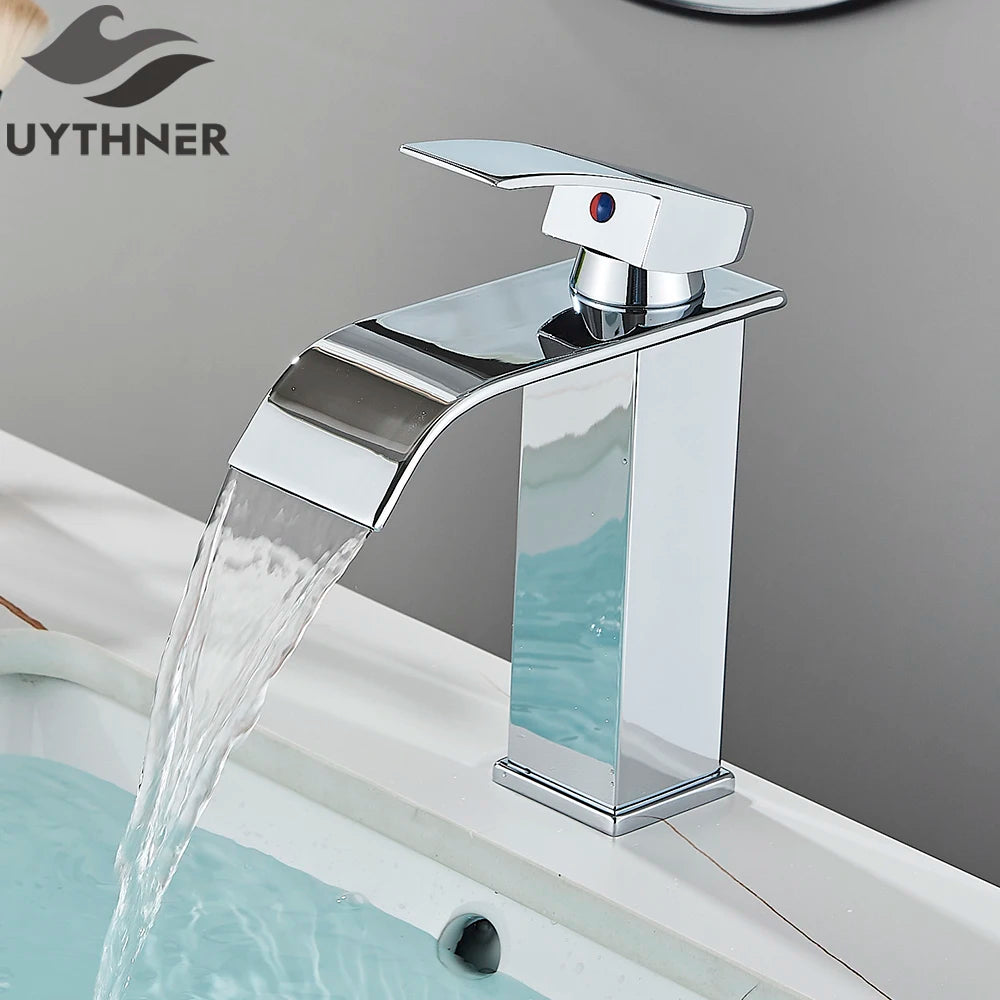 Brushed Golden Basin Faucets Elegant Waterfall Bathroom Sink Faucet Single Lever Hole Deck Mount Brass  Mixer Taps