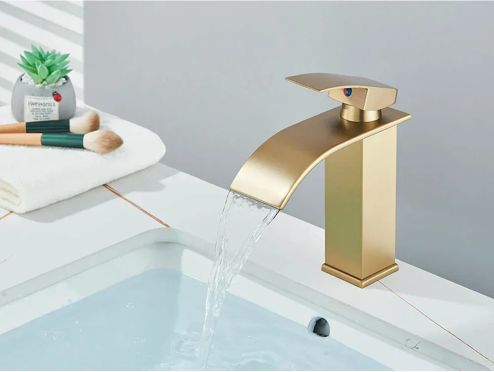 Brushed Golden Basin Faucets Elegant Waterfall Bathroom Sink Faucet Single Lever Hole Deck Mount Brass  Mixer Taps