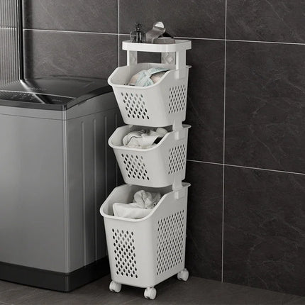 Laundry Storage Rack Basket Multilayer Dirty Clothes Storage Basket With Wheel Large Capacity Household Bathroom Shelf Organizer - E-menage
