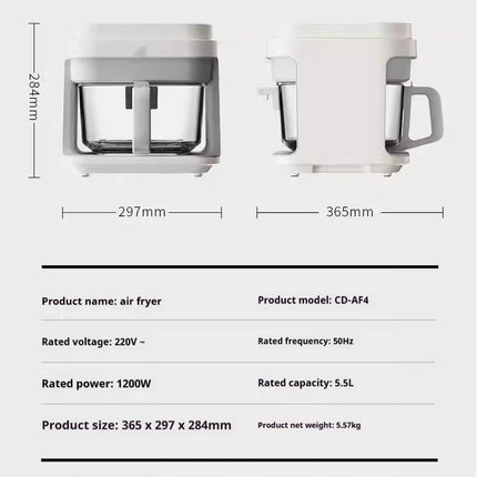 Friteuse à air chaud 1200 W avec panier en verre transparent - Four multifonction sans retournement, poignée isolante, 8 modes de cuisson, usage domestique
