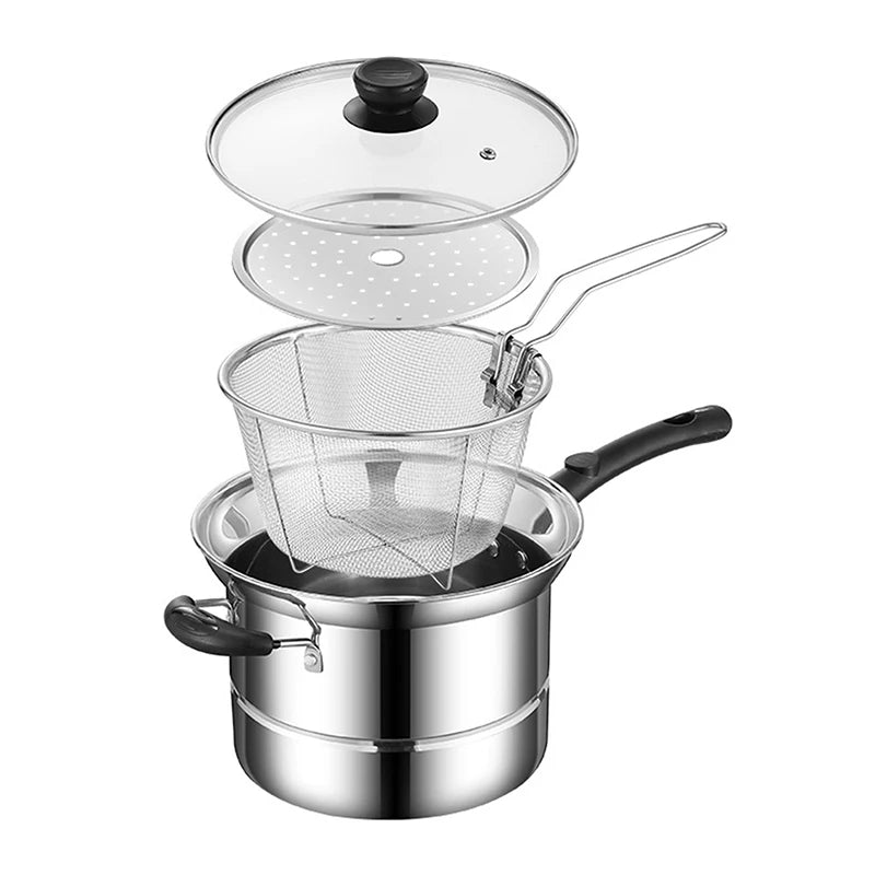 Stainless Steel Fryer Pot With Strainer Basket And Handle Portable Multi-functional Deep Frying Pot For French Fries Seafood