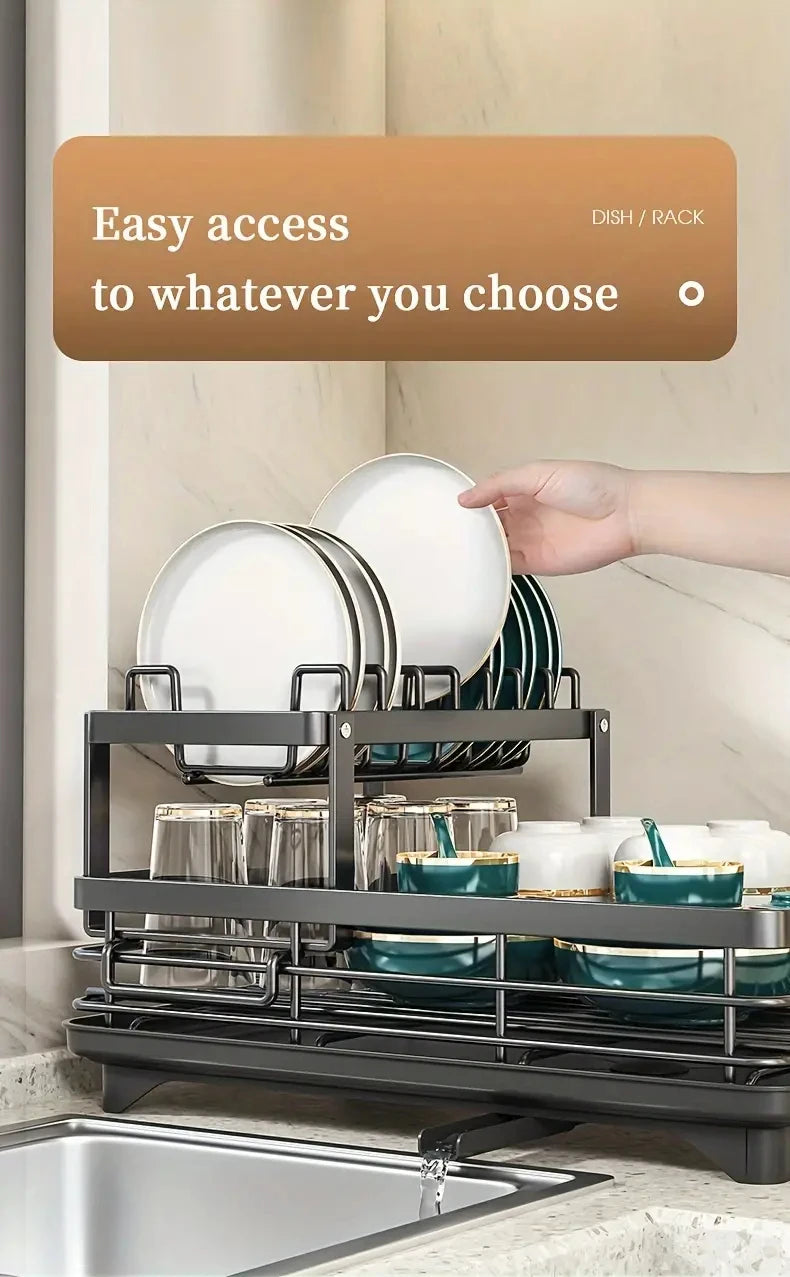 Dish Rack, Large Capacity Dish Drying Rack With Draining Board, Double Layer Detachable Dish Storage Organizer For Dishes, Cups