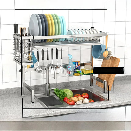 Égouttoir de cuisine en acier inoxydable 304 avec porte-assiettes de rangement multifonction pour évier de cuisine à poser sur le plan de travail