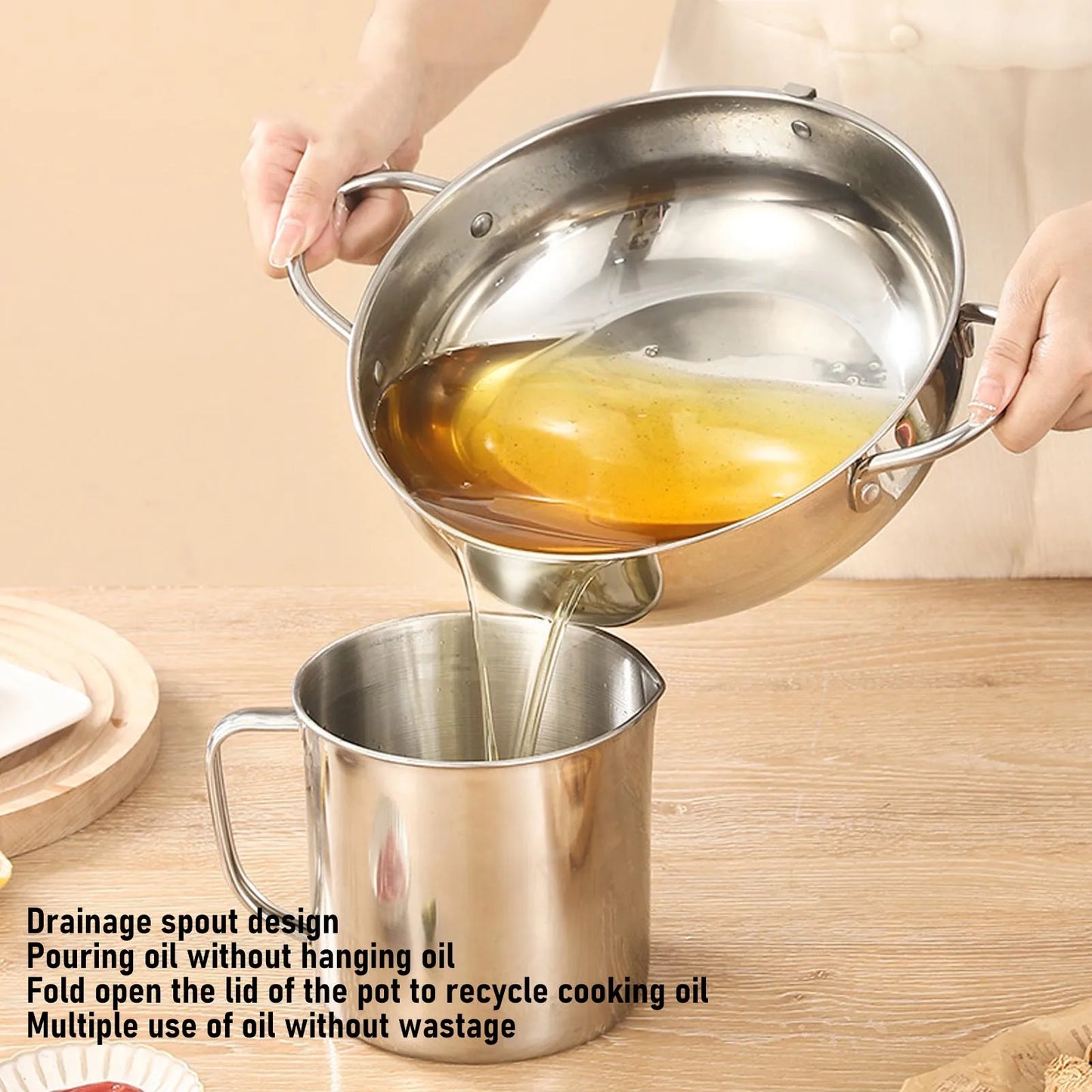 Deep Fryer Pot 201 Stainless Steel 2.2L Japanese Frying Pot with Oil Drain Temperature Control and Lid for Kitchen Stove