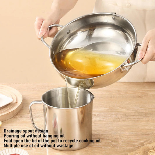 Deep Fryer Pot 201 Stainless Steel 2.2L Japanese Frying Pot with Oil Drain Temperature Control and Lid for Kitchen Stove