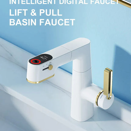 Robinet de salle de bain multifonctionnel VGX, mitigeur de lavabo extractible, robinet de lavabo avec indicateur de température LED, rotation à 360°, robinetterie Crane en laiton blanc