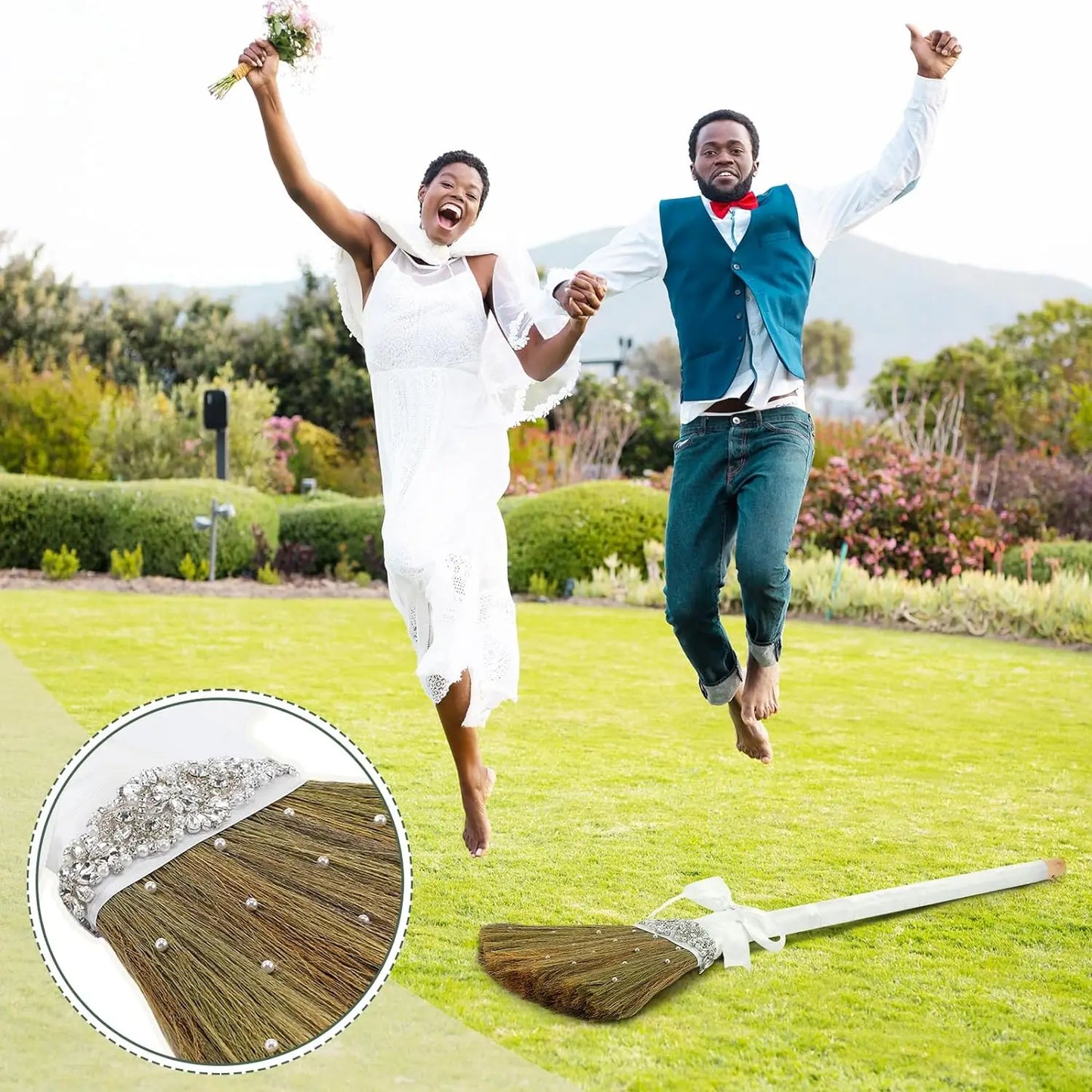 Wedding Brooms Whisk Brooms DIY Bridegroom Jump Broom with White Ribbons Artificial Pearl for African American Wedding Ceremony