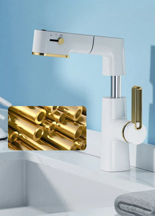 VGX Multifunctional Bathroom Faucets Pull Out Basin Mixer Sink Faucet Gourmet LED Temperature Tap 360° Tapware Crane Brass White