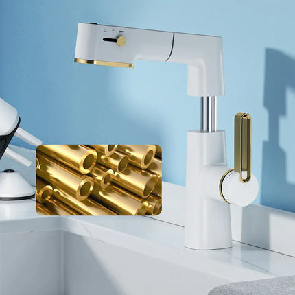 Robinet de salle de bain multifonctionnel VGX, mitigeur de lavabo extractible, robinet de lavabo avec indicateur de température LED, rotation à 360°, robinetterie Crane en laiton blanc