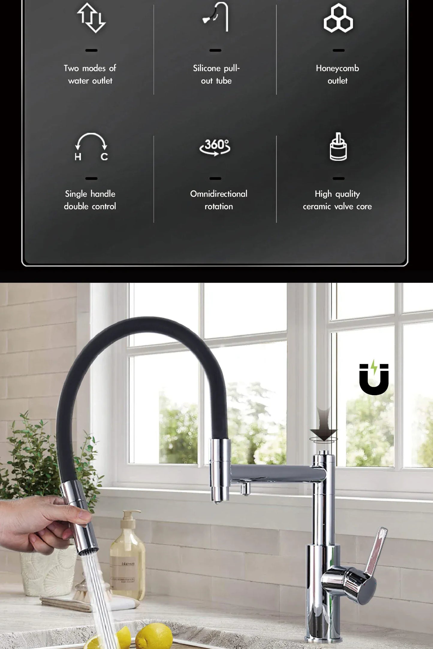 Luxury chrome brass kitchen faucet with one handle for hot&cold water Simple design Pull-out style with filtered water sink Tap