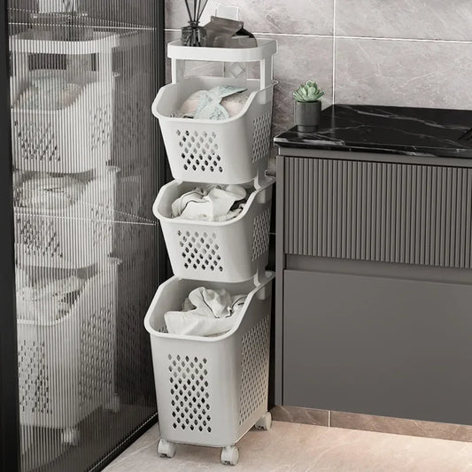 Laundry Storage Rack Basket Multilayer Dirty Clothes Storage Basket With Wheel Large Capacity Household Bathroom Shelf Organizer - E-menage