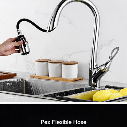 Robinet de cuisine moderne et luxueux AITANA en laiton doré, à douchette extractible et poignée unique pour eau chaude et froide, 3 fonctions.