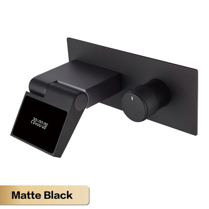 Robinet de salle de bain mural de luxe en laiton gris anthracite avec affichage numérique LED. Robinet de salle de bain monocommande avec eau chaude et froide intégrée.