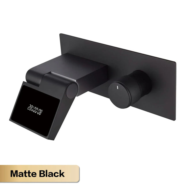 Robinet de salle de bain mural de luxe en laiton gris anthracite avec affichage numérique LED. Robinet de salle de bain monocommande avec eau chaude et froide intégrée.