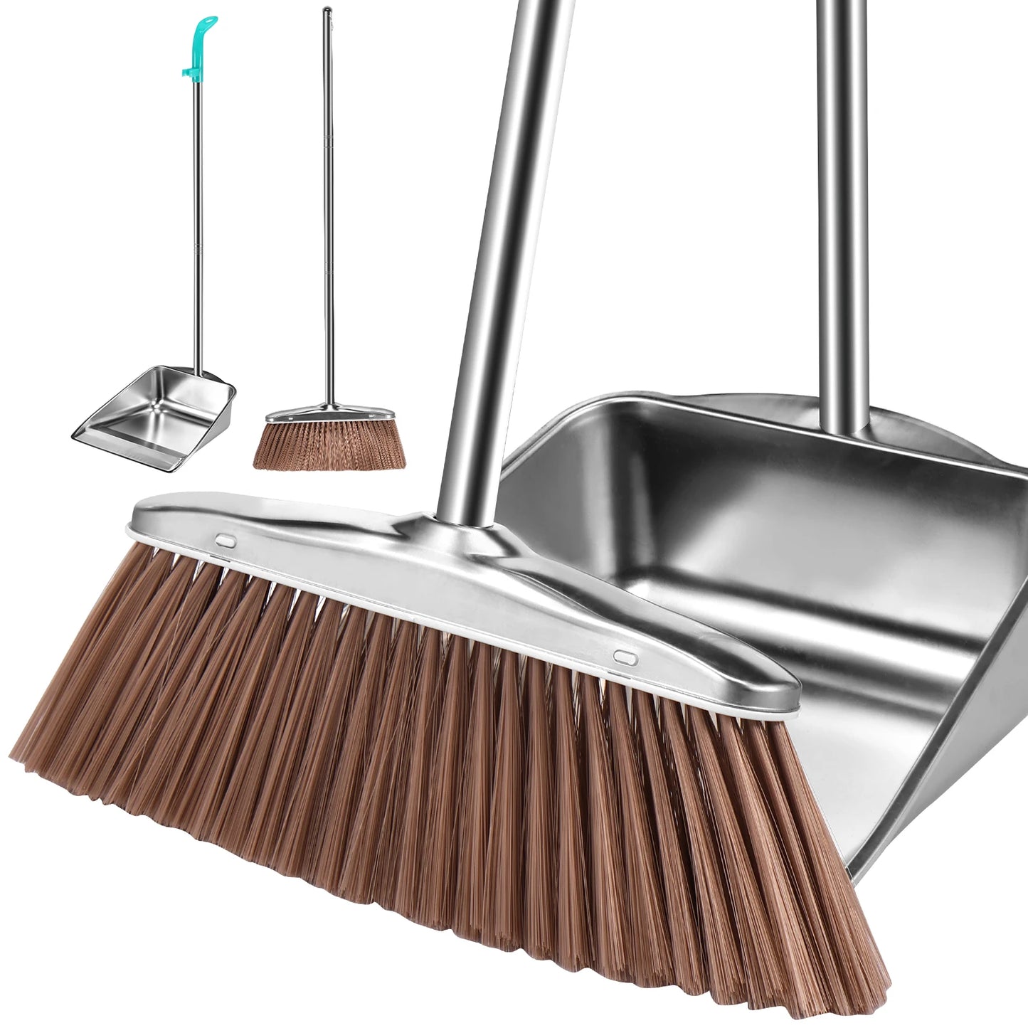 Broom and Dustpan Set Long Handle Upright Stainless Steel Dustpan Broom Set Portable Household Cleaning Tools for Home Office