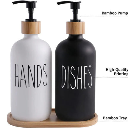 Distributeur de savon liquide 500 ml avec plateau en bambou - E-menage