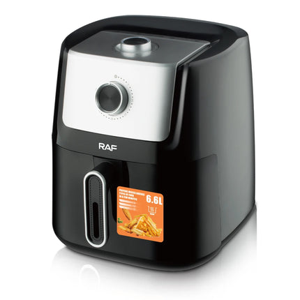 Friteuse à air multifonction 6,6 L noire, cuisson rapide et facile, sans huile, panier antiadhésif.