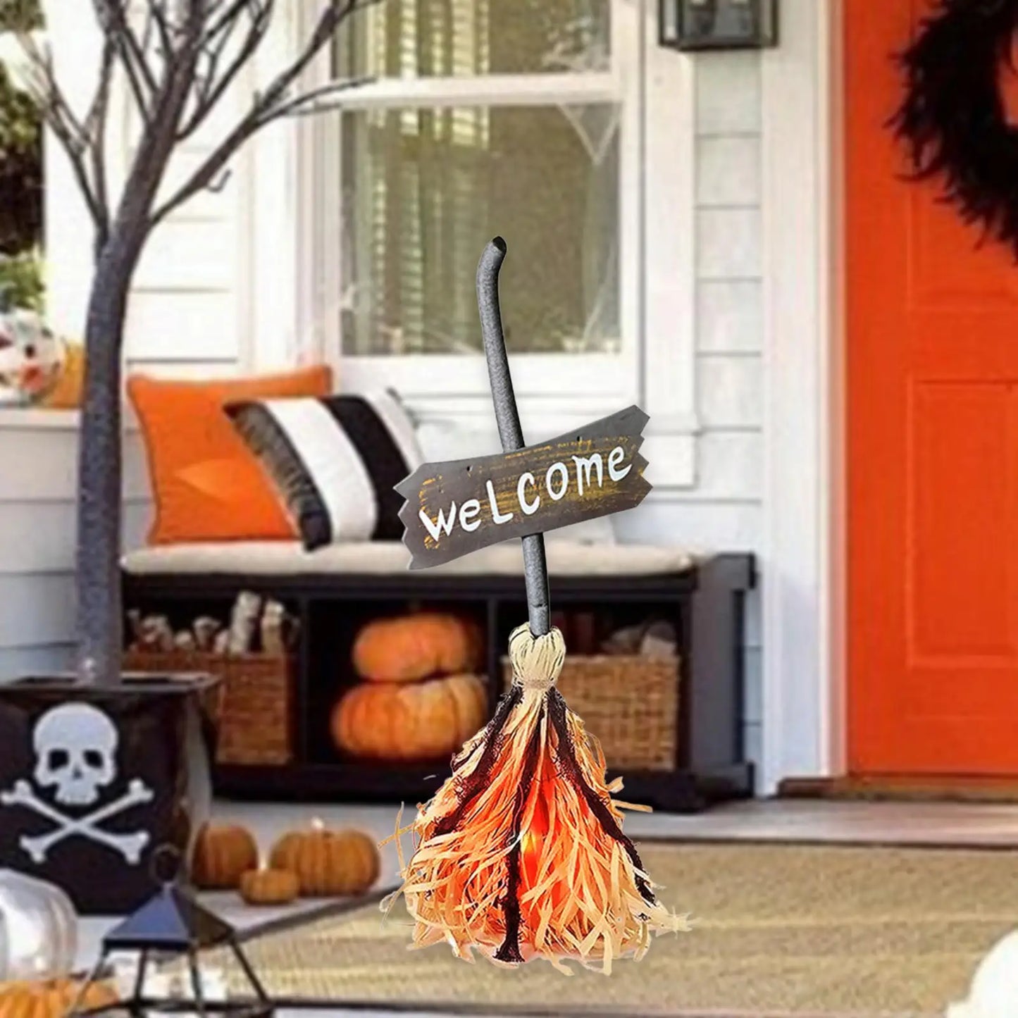 Movable Witch Broom with Music and Lights Prop Figurine DIY Supplies Dancing Broom for Living Room Porch Office Party Outdoor